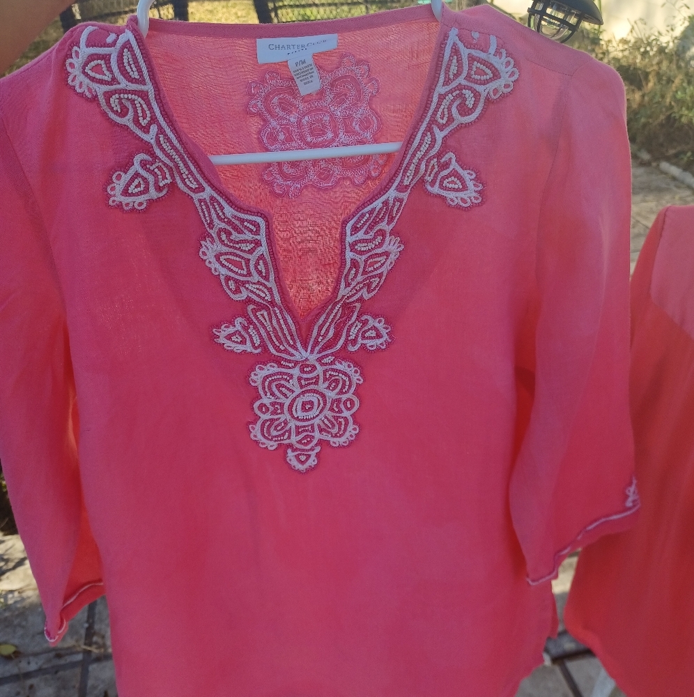 NWOT HOT PINK LINEN TOP with work on the neck. Back n sleeves. Charter club. P/M
